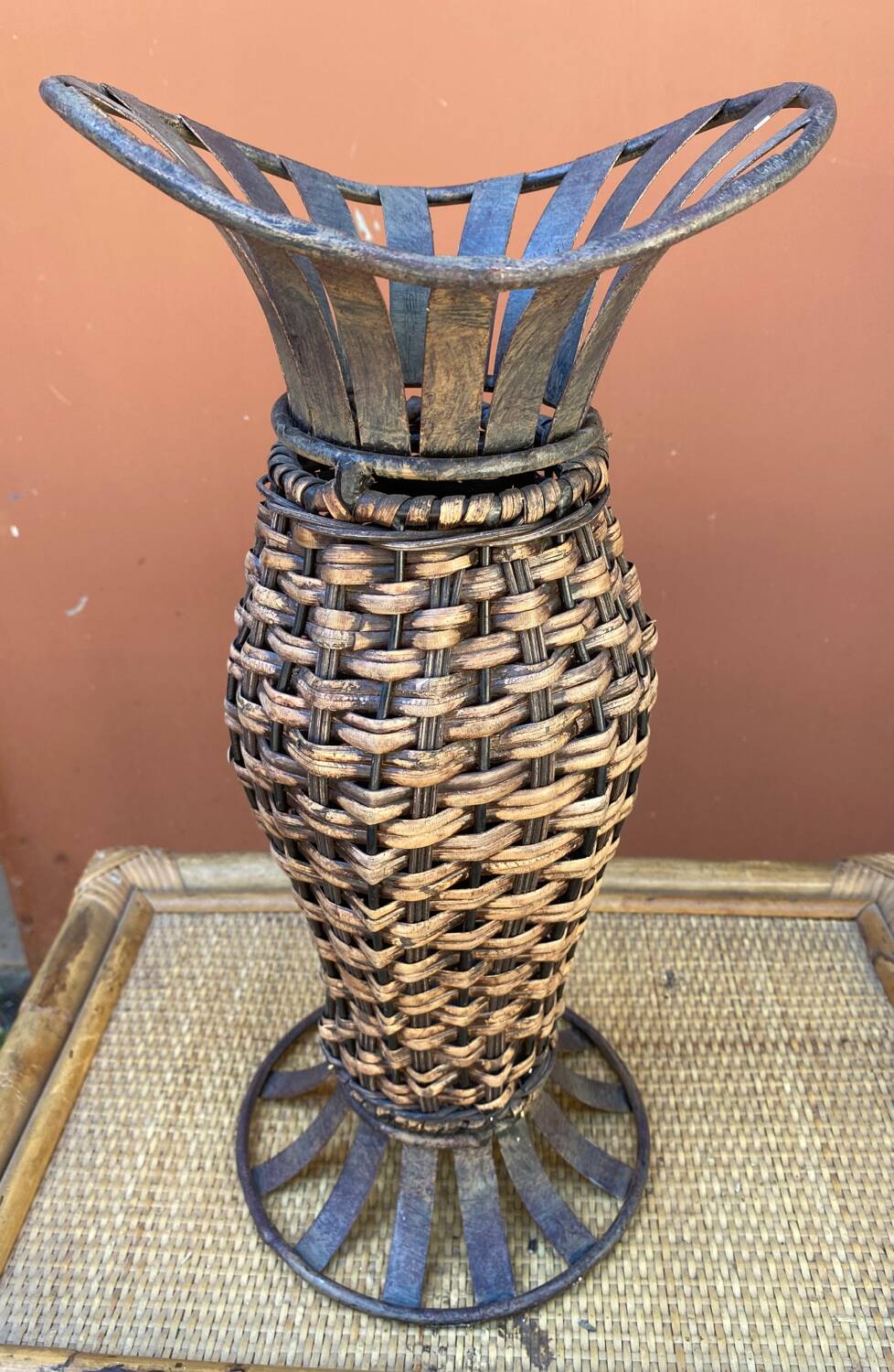 Wicker and metal vase