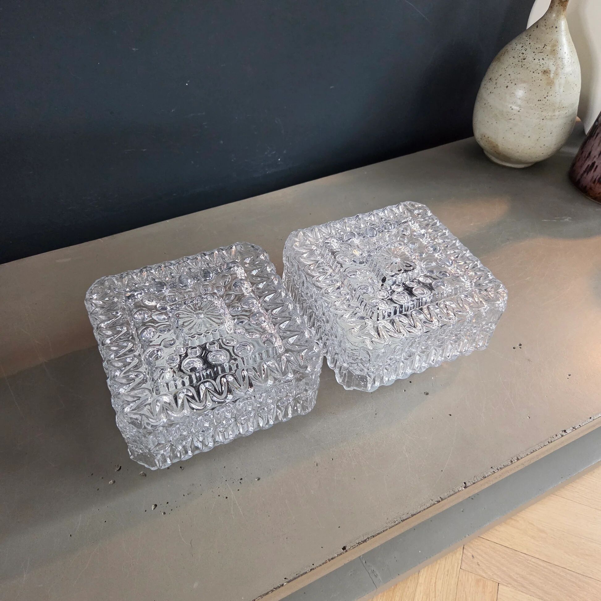 Pair of ceiling lights or moulded glass wall lights.
