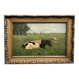 Original Antique Victorian Oil On Board Cows 1800s, signed