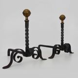 Large pair of wrought iron and brass ball fireplace andirons. 19th century