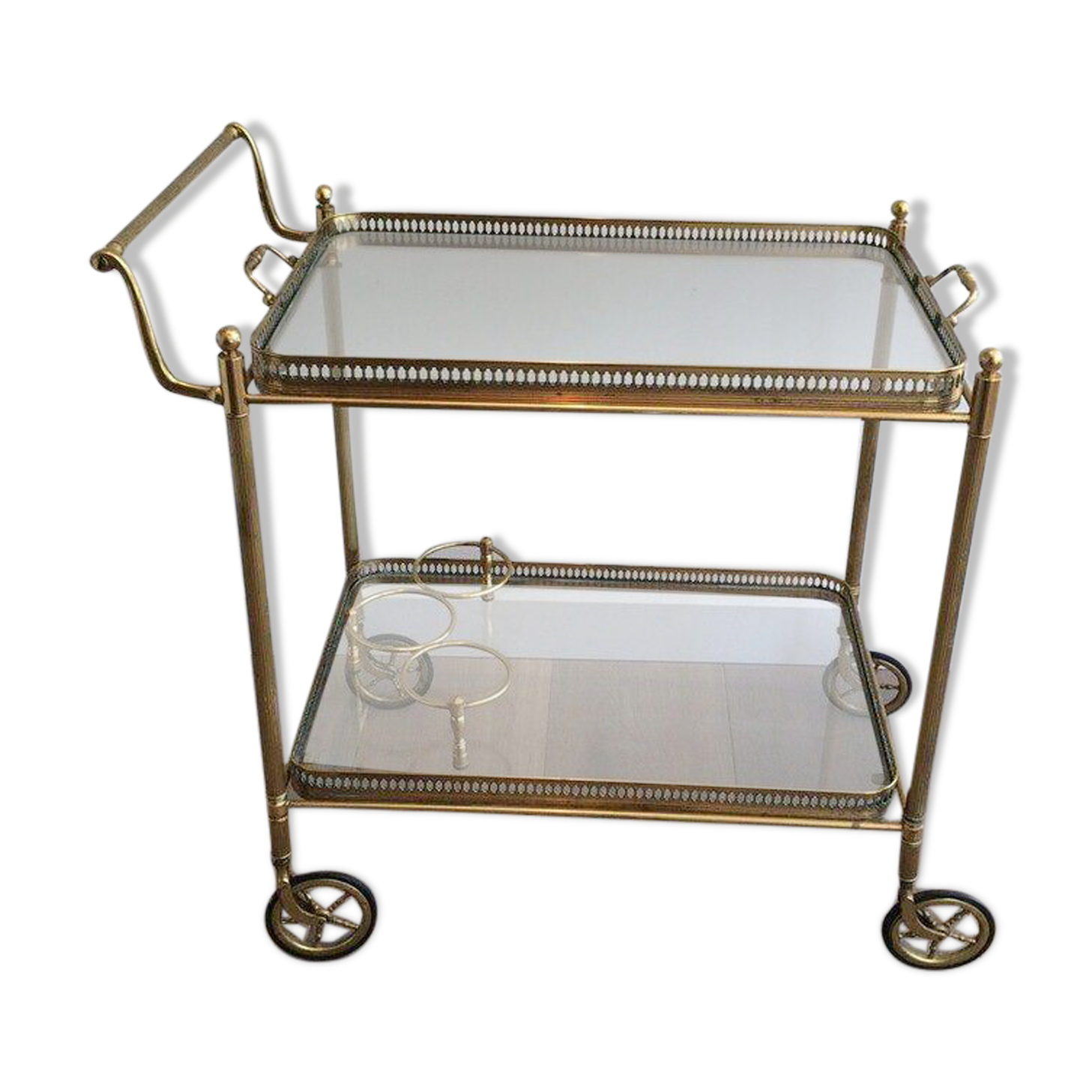 Neoclassical brass trolley with removable trays.