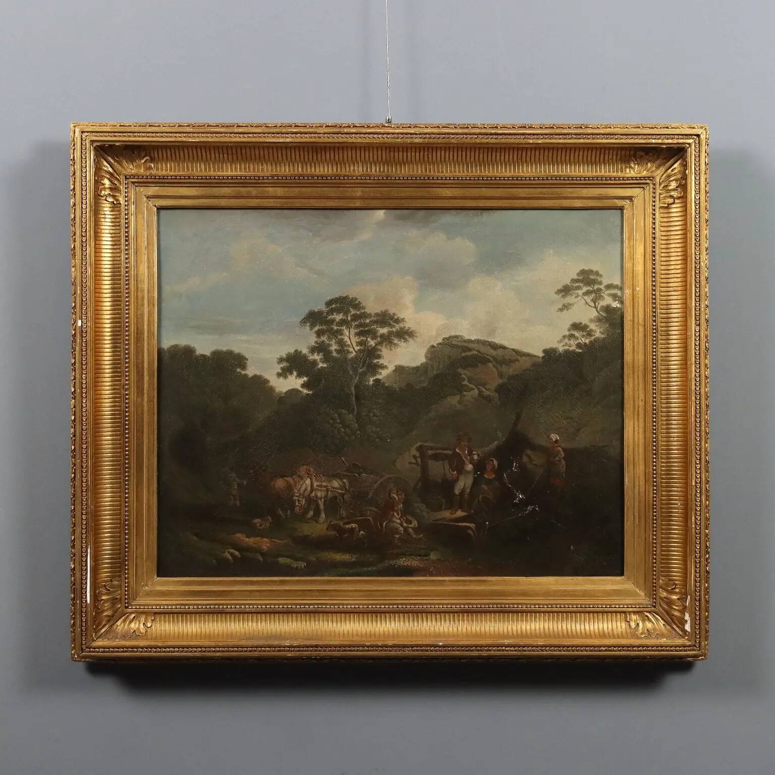 Old painting of a landscape with peasants, oil on canvas, Europe '800.