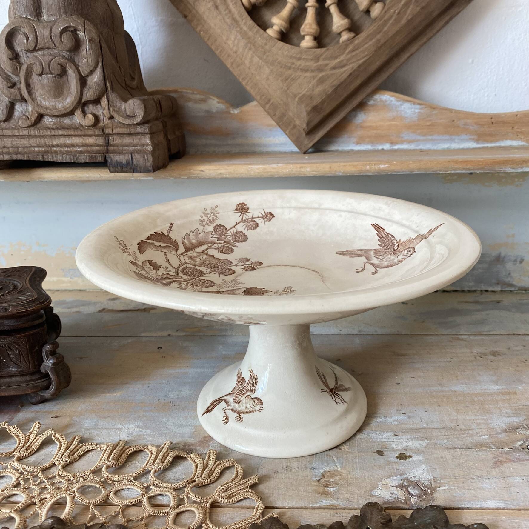 Sepia ironware compote dish, antique fruit bowl.