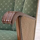 Canapé danois 3 places des années 1950, tissu en laine d'ameublement vert/beige, bois de chêne.