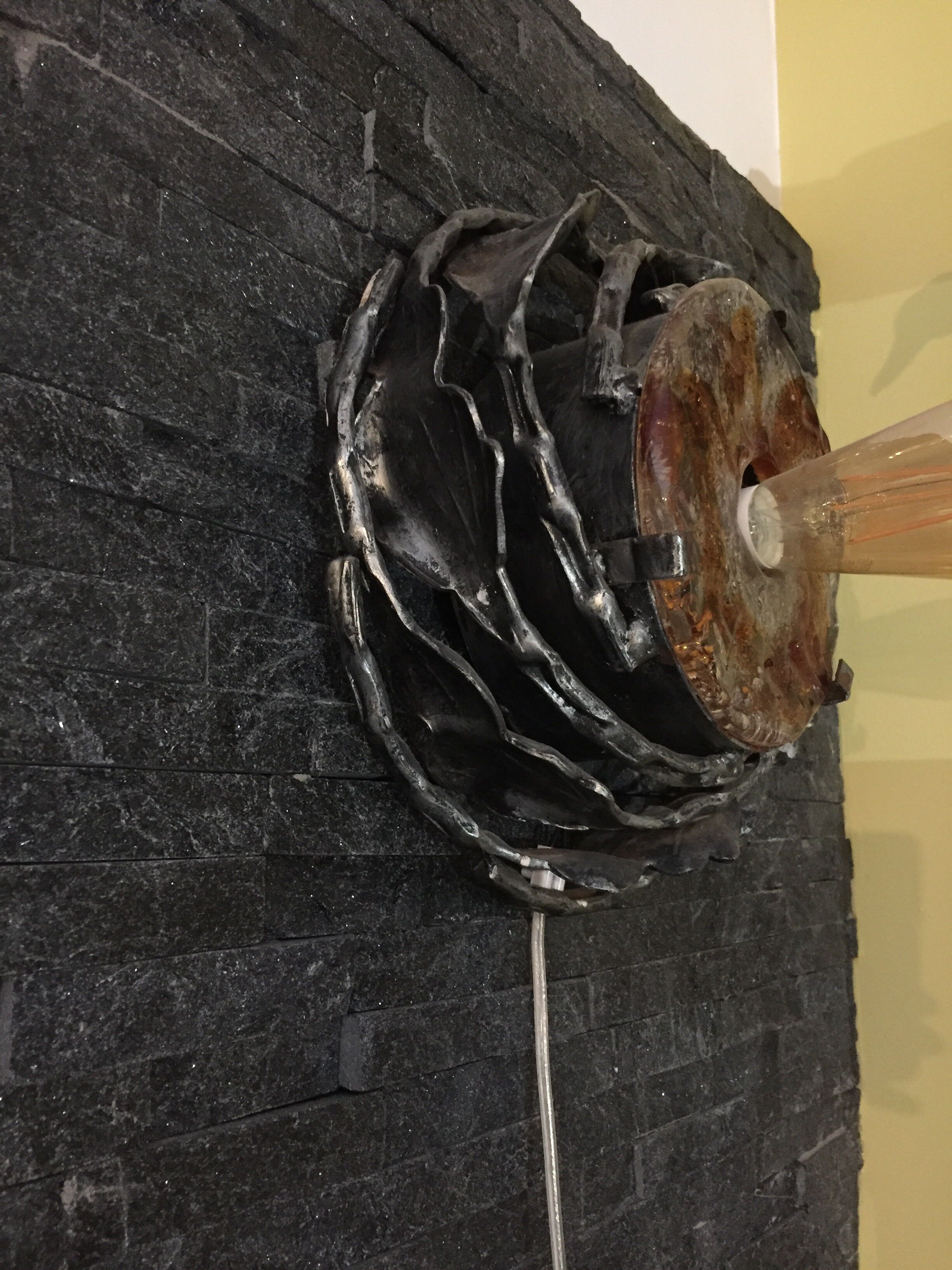 Brutalist glass and iron wall lamp with socket