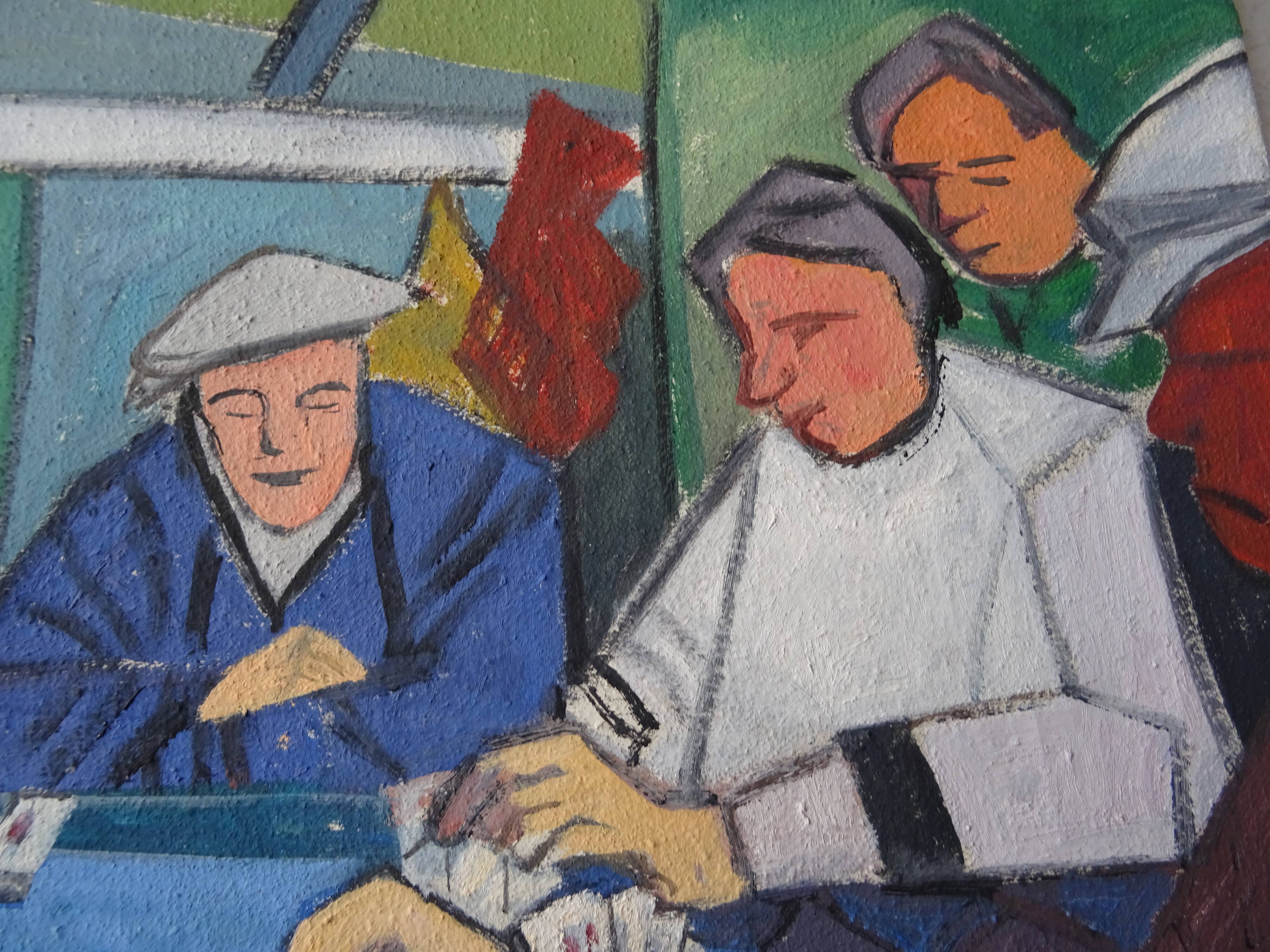 Painting The Card Players Canvas signed Nady Bachès year 60/70