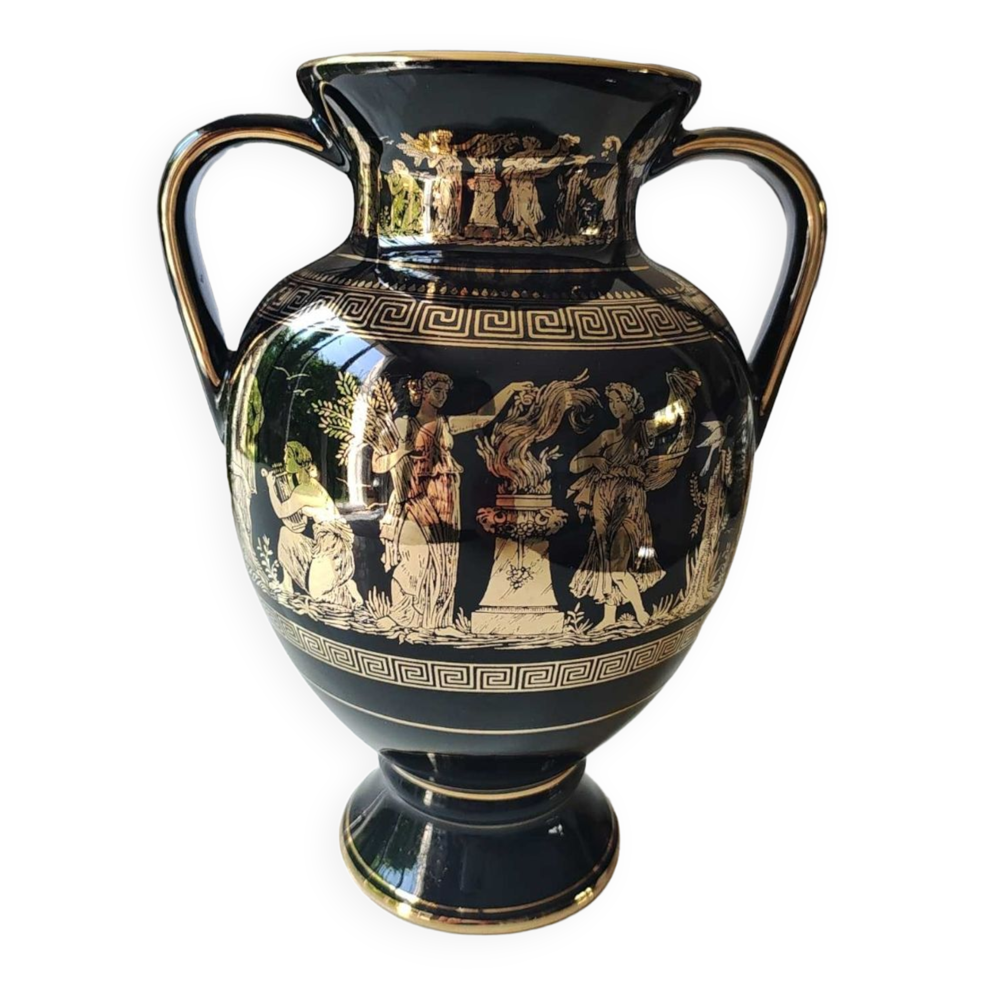 Vase Amphore Grec forme boule. Signé Kratimenos..scènes de vie mythologie Grecques , inclusions or 24 carats. Haut 21 cm