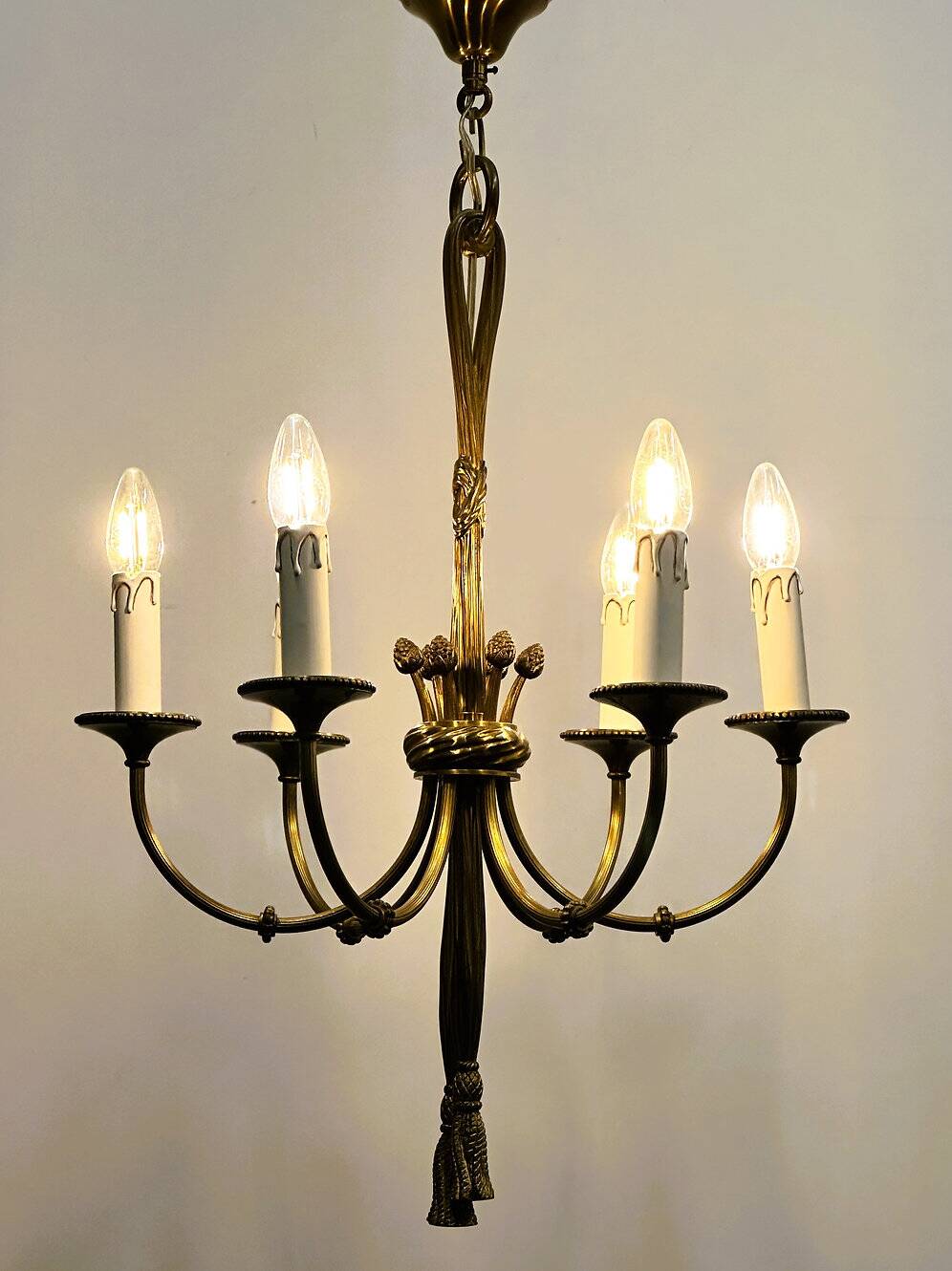 Vintage brass rope & tassel chandelier with 6 lights, France, 1950s