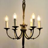 Vintage brass rope & tassel chandelier with 6 lights, France, 1950s