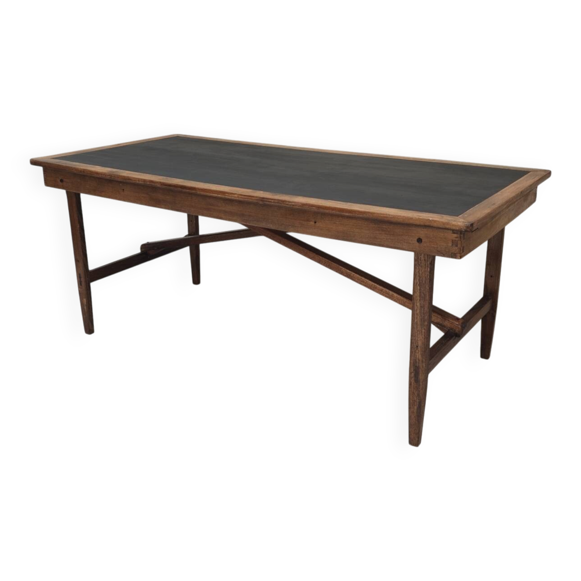 Vintage workshop folding table in oak with a hand-patinated black top.