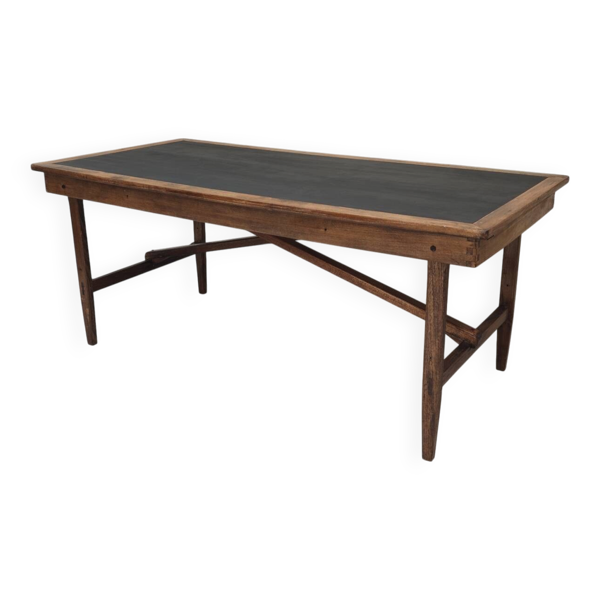Table pliante d’atelier vintage en chêne plateau noir patiné artsanale