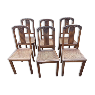 Chaises Art Déco en bois et cannage