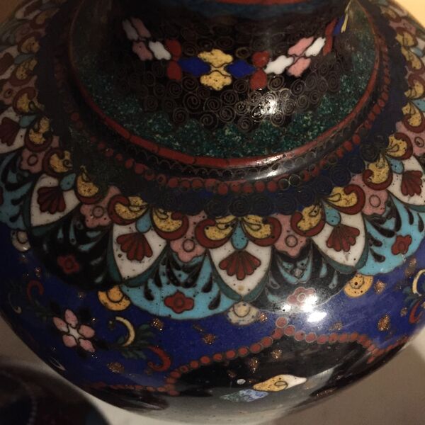 Ensemble 3 vases mapei/emaux cloisonné décors dragon vert/chine fin xviiième