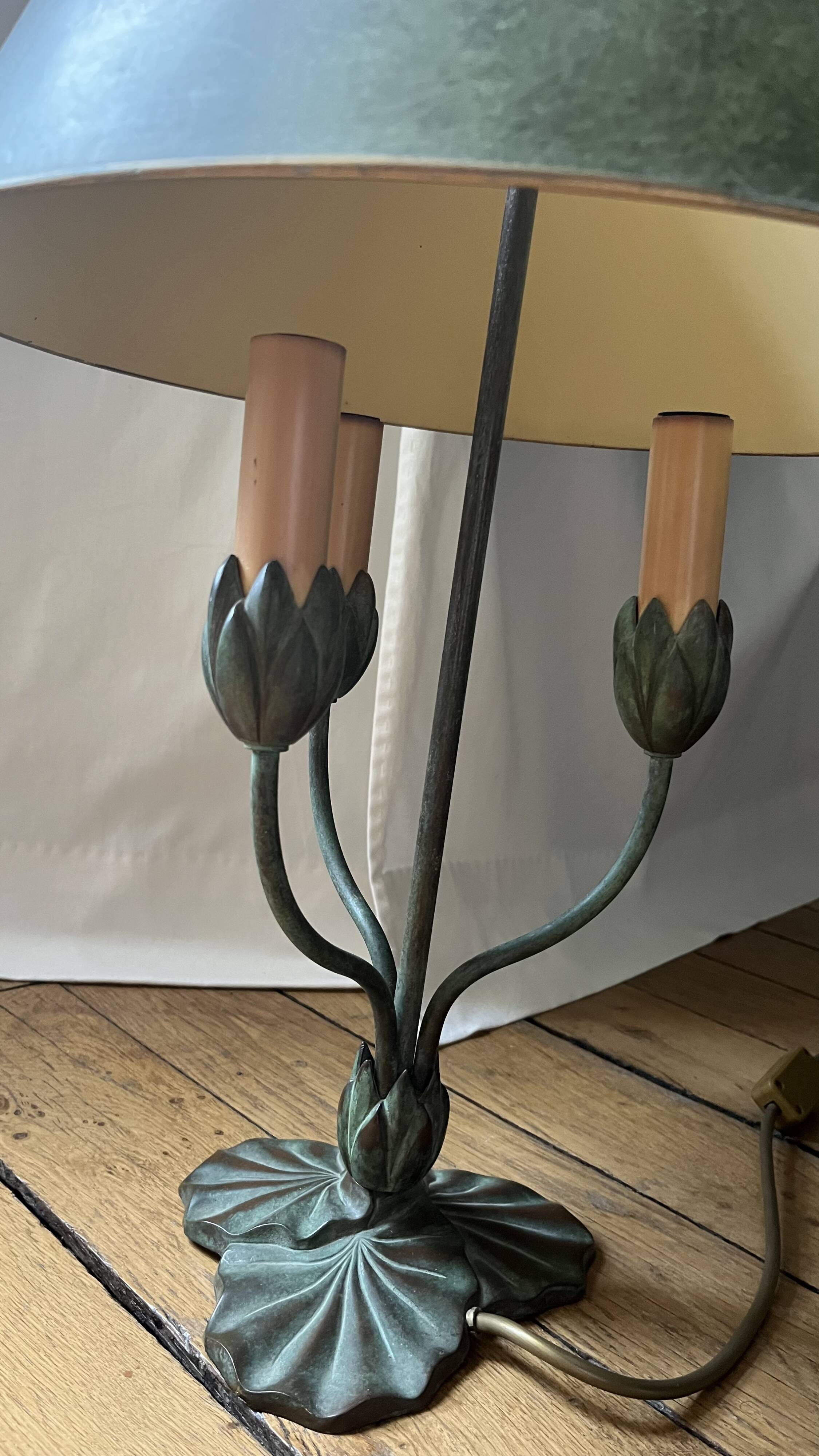 Lucien Gau tulip table lamp in patinated metal with green shade