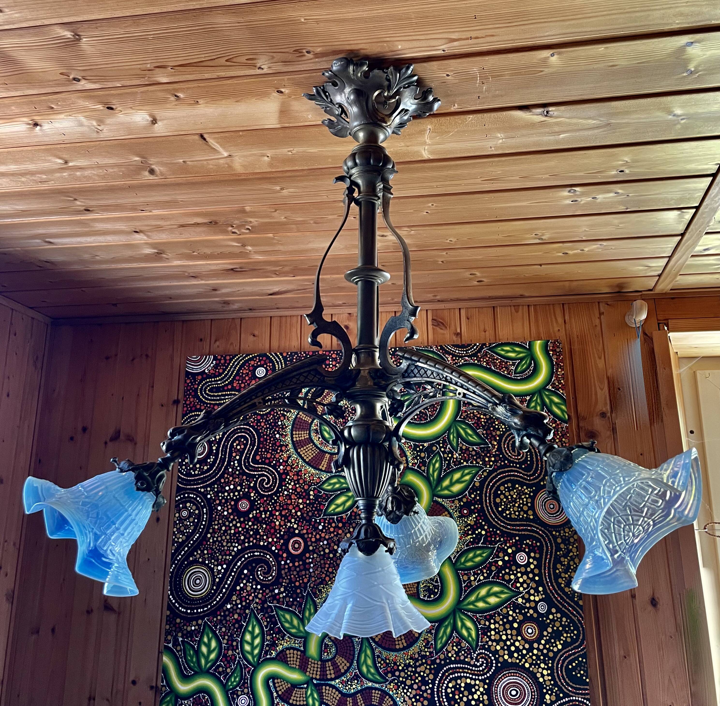 Large bronze chandelier, opaline tulip, early 20th century