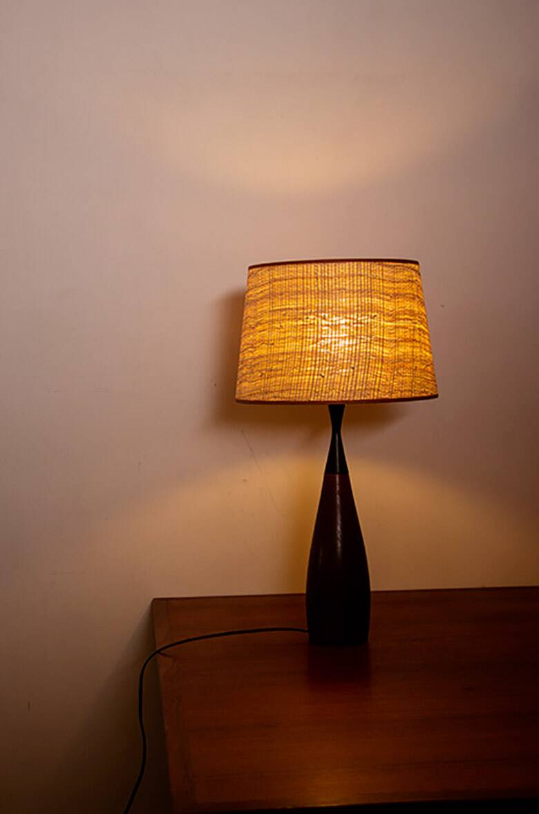 Danish keel-shaped table lamp in teak and ebony by Fog & Morup.