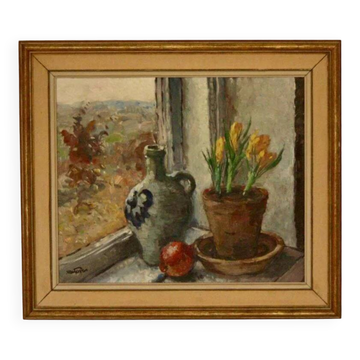 Huile sur toile suédoise originale « Nature morte à la plante en pot »