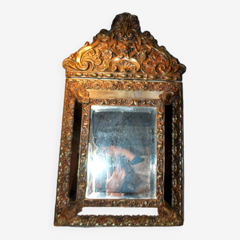 Antique Napoleon III beaded mirror in embossed brass and mercury glass 19th century
