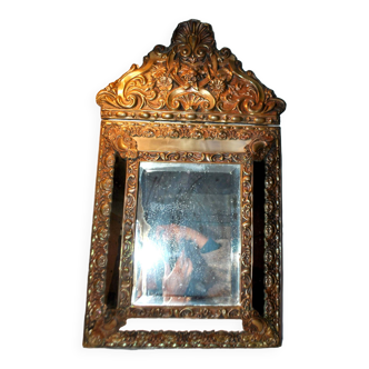 Antique Napoleon III beaded mirror in embossed brass and mercury glass 19th century