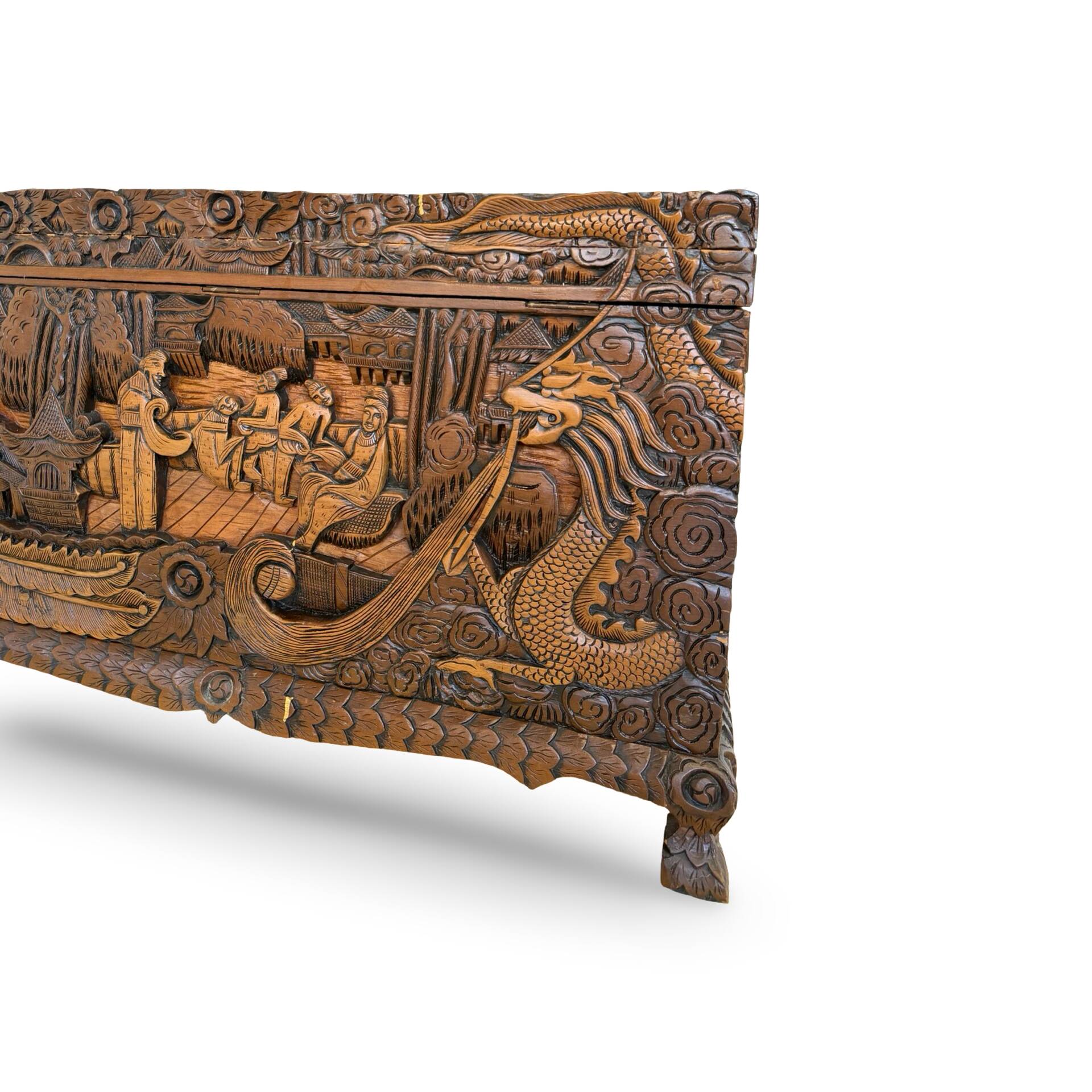 Antique Chinese Carved Export Chest – Dragon, Phoenix & Landscape Deco