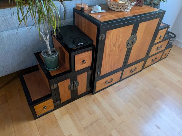Kaidan Tansu Japonais Double Face – Meuble d'Escalier en 3 Modules