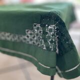 Convent tablecloth and its 4 openwork towels tinted fir green - 115x115cm -mixed linen & cotton