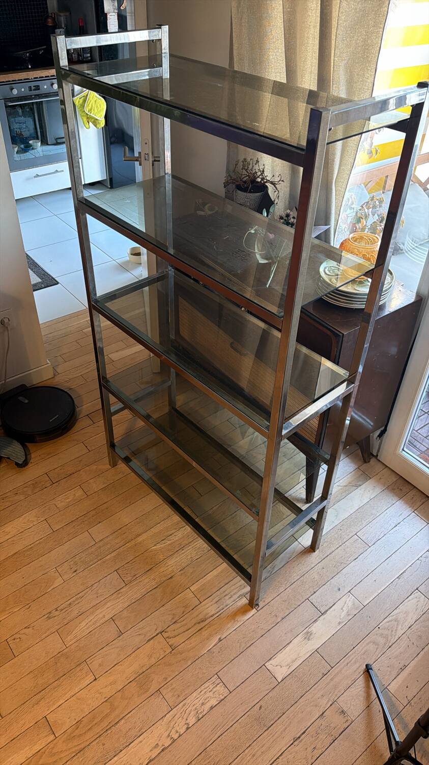 Grande bibliothèque vintage années 70 – chrome et verre fumé