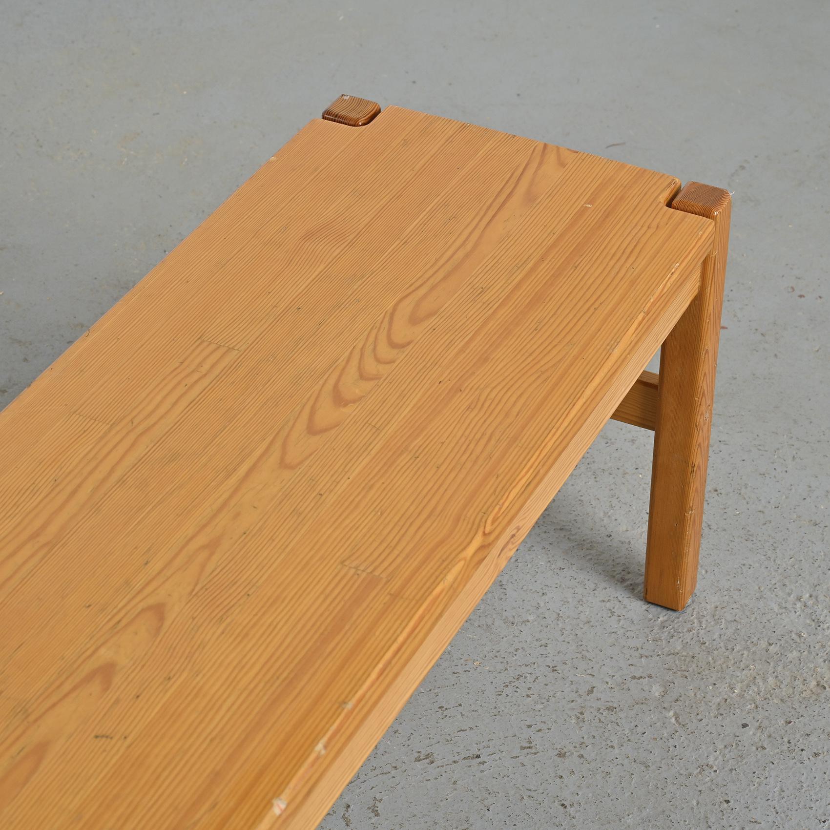 Table and two benches set in solid elm, France, circa 1980