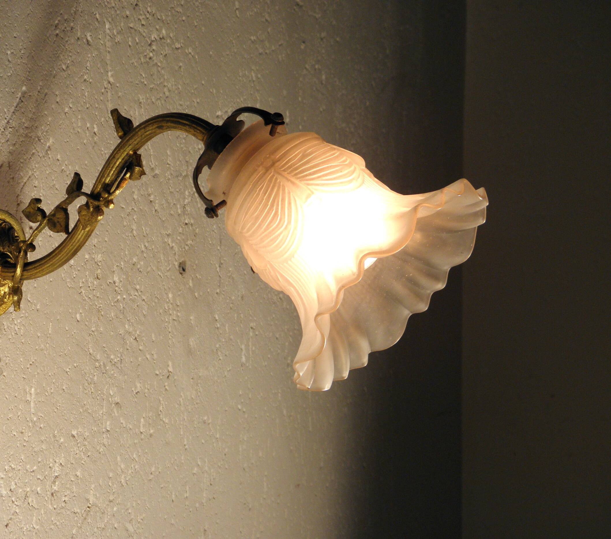 Brass and glass swan neck wall light