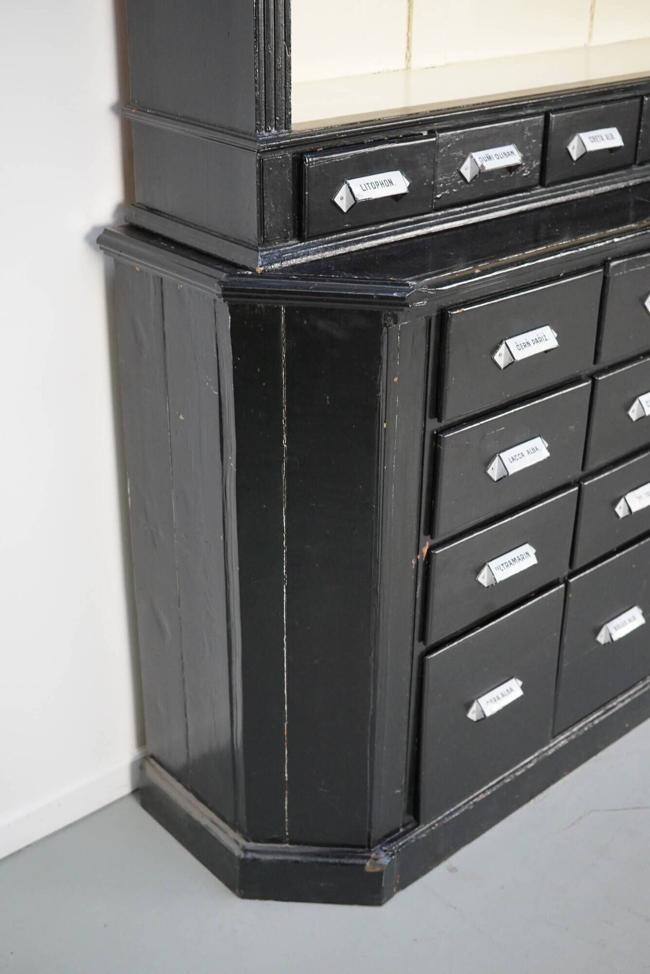 Large pair of antique apothecary cabinets painted black, Eastern Europe, 1910s