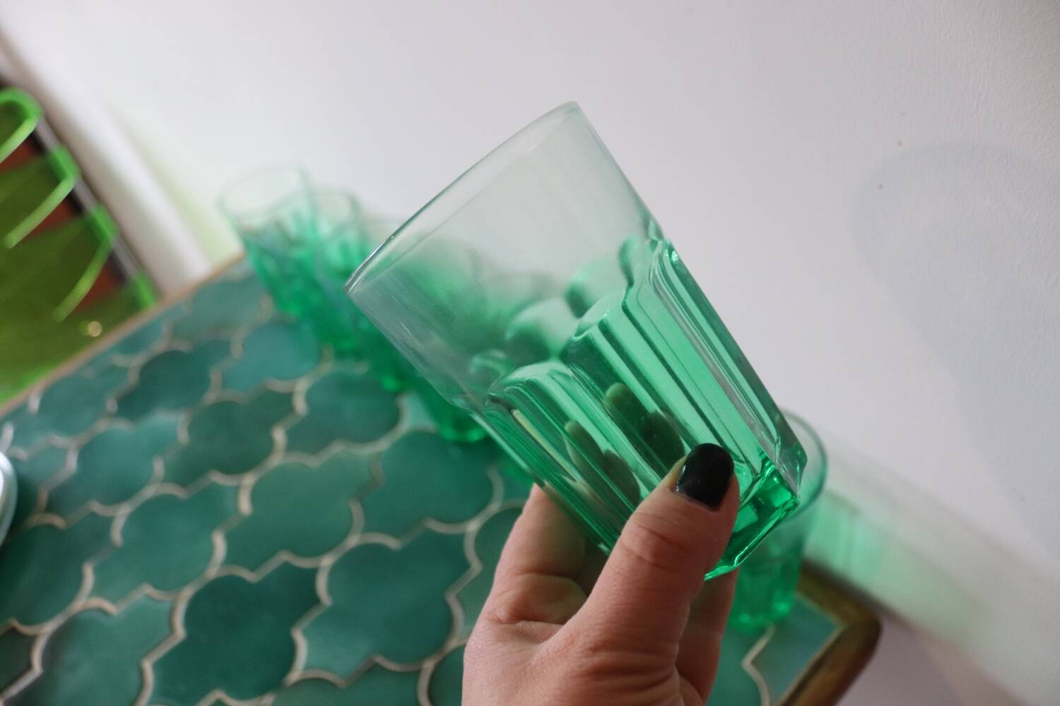7 large vintage green water glasses