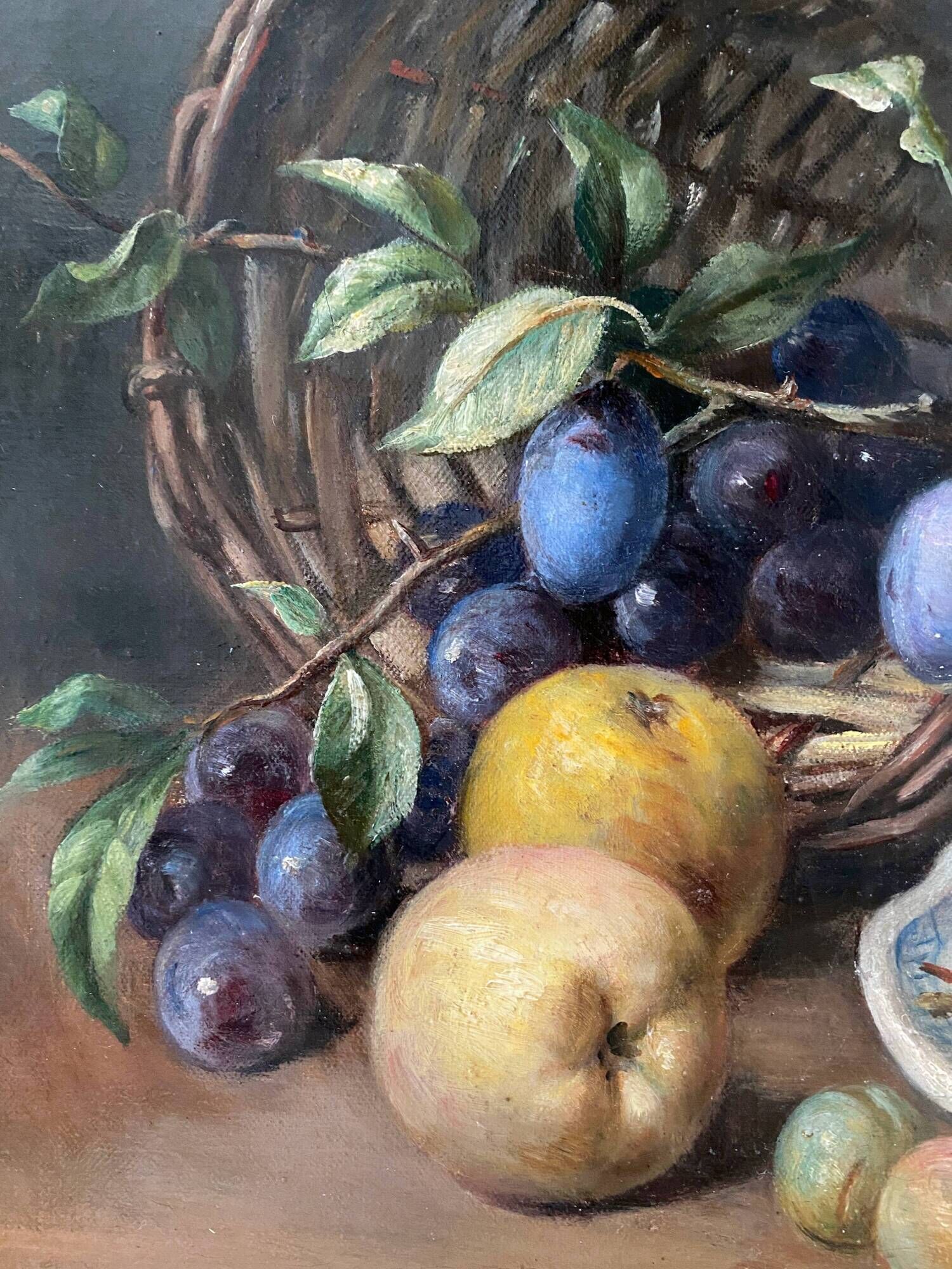HST painting "Still life with roses and fruits" signed Maniere 1920