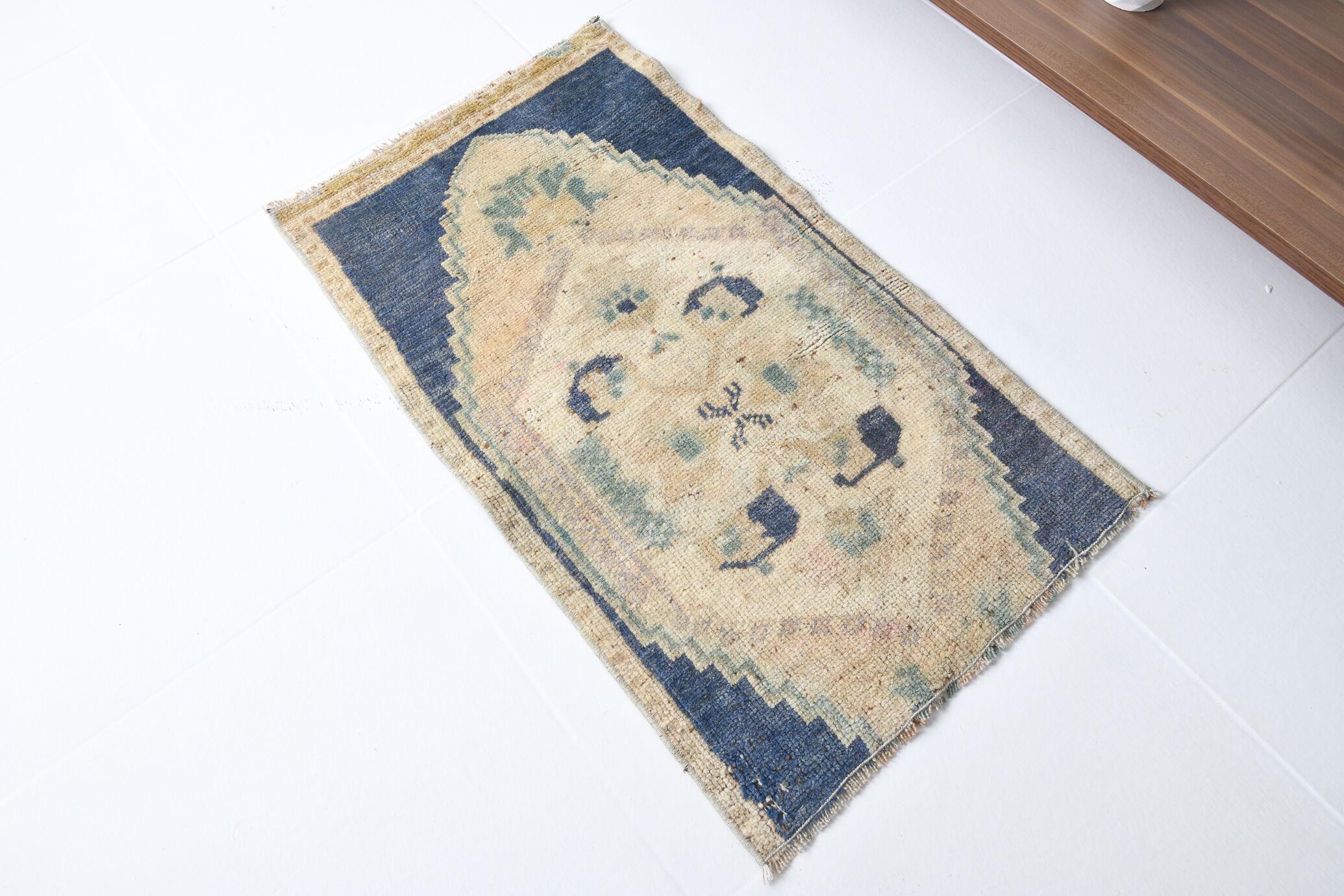 1X2 Blue vintage door mat rug, 1x2 Blue door mat rug, 2.7x1.5 Ft