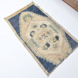 1X2 Blue vintage door mat rug, 1x2 Blue door mat rug, 2.7x1.5 Ft