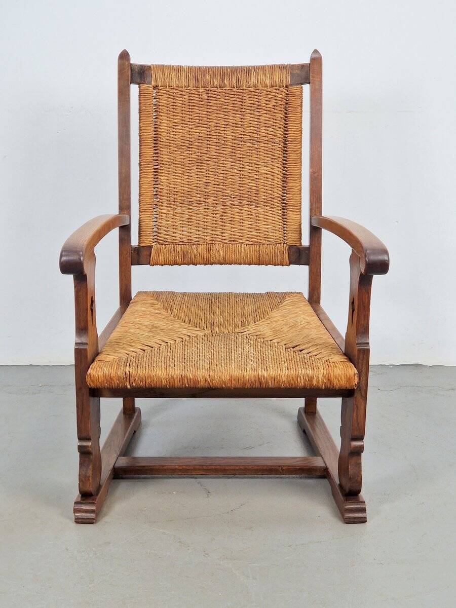 Modern Dutch Brutalist Armchair in Rush and Oak, 1950s