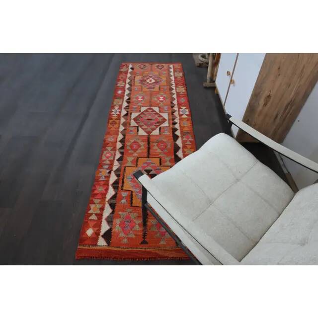 1970s Turkish Oushak Handmade Wool Cotton Orange Runner Rug 79x254