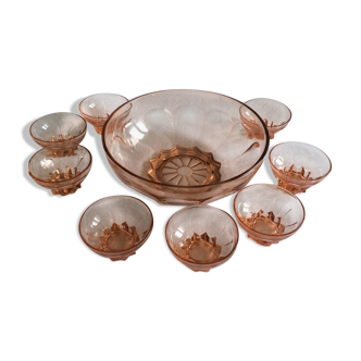 Set de 8 coupes à desserts vintage et son saladier rose années 1960