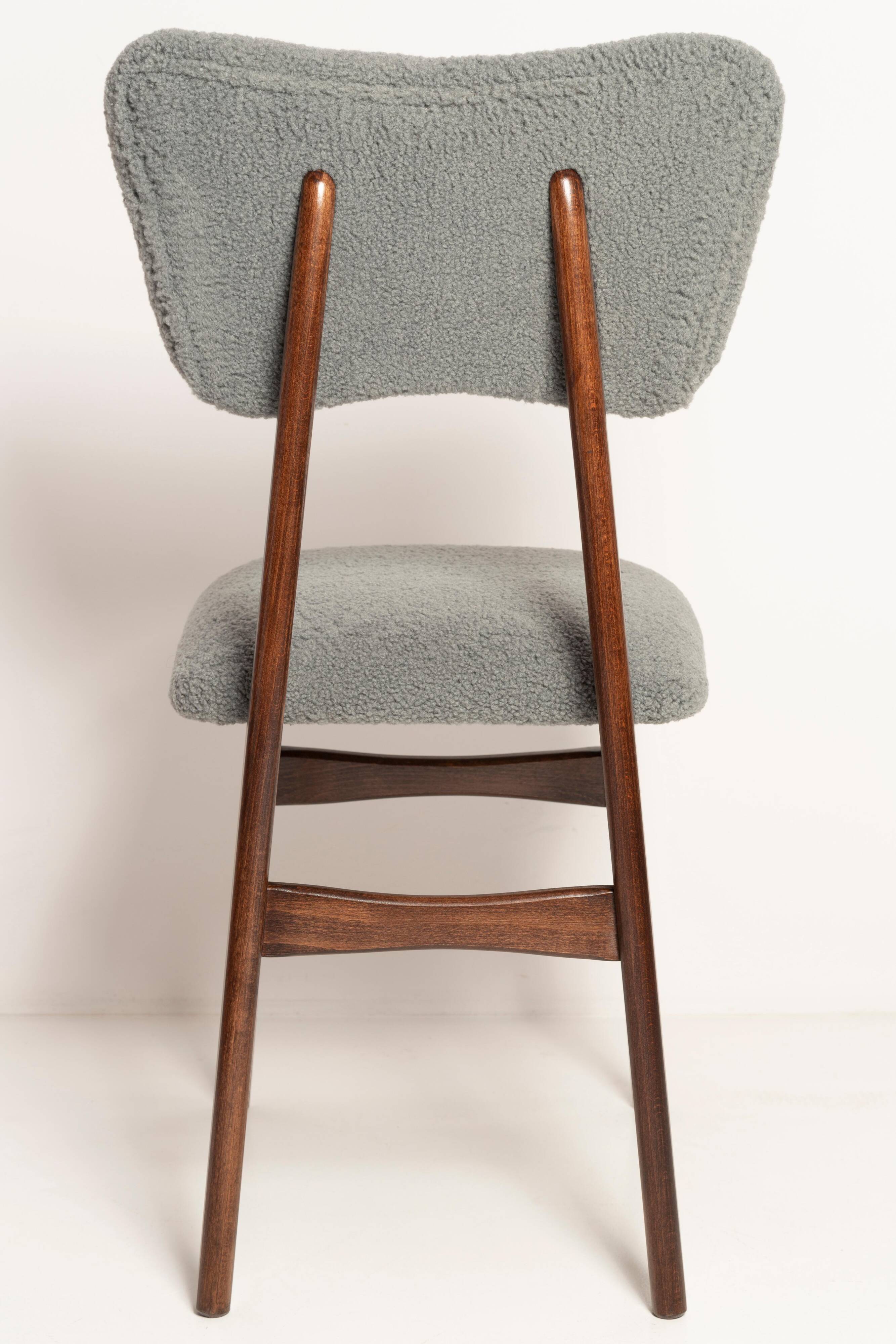 Chaise de salle à manger papillon milieu du siècle, bouclé gris, bois noyer foncé, Europe, années 1960