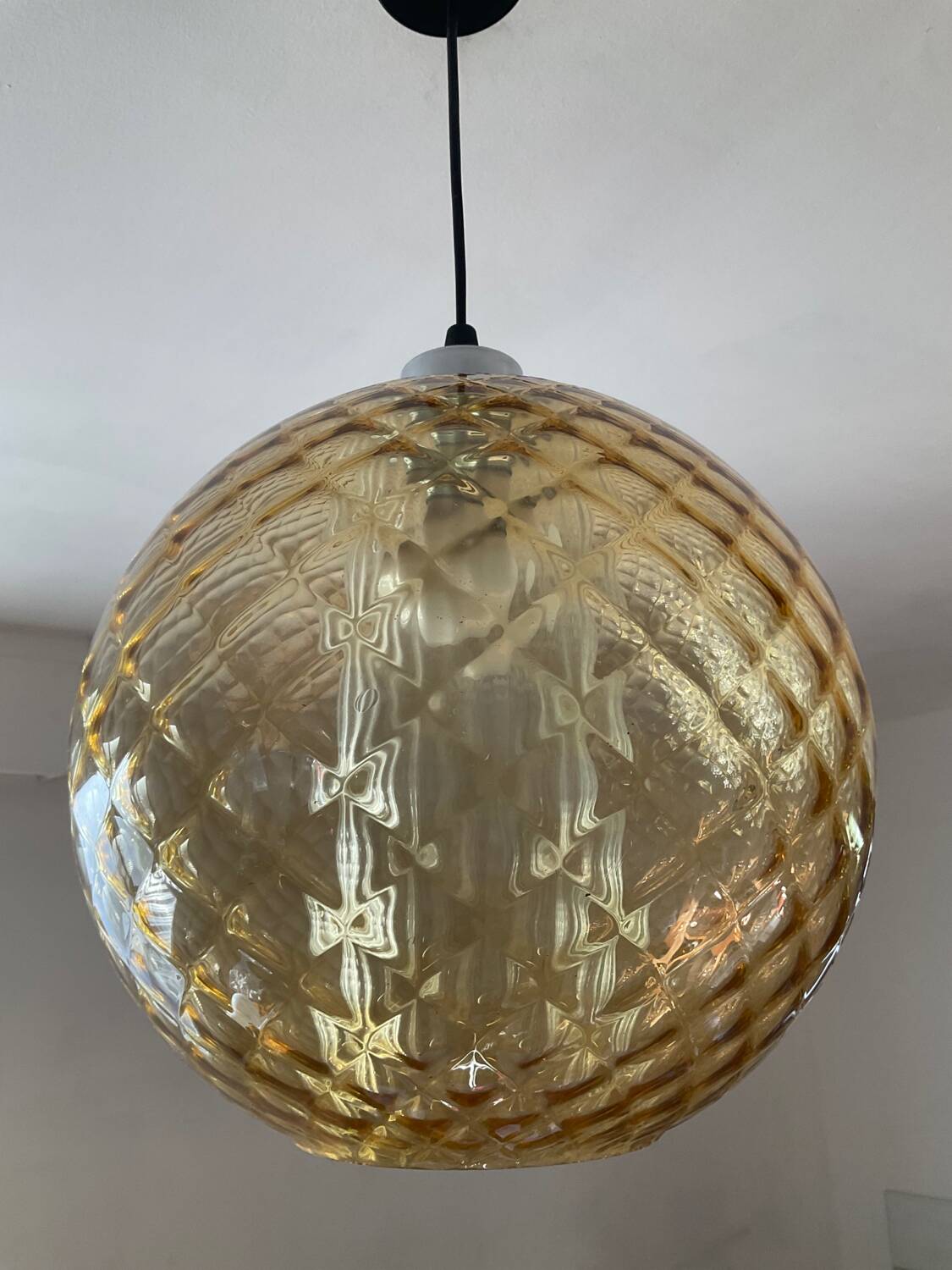 Vintage 70s smoked glass ball pendant light