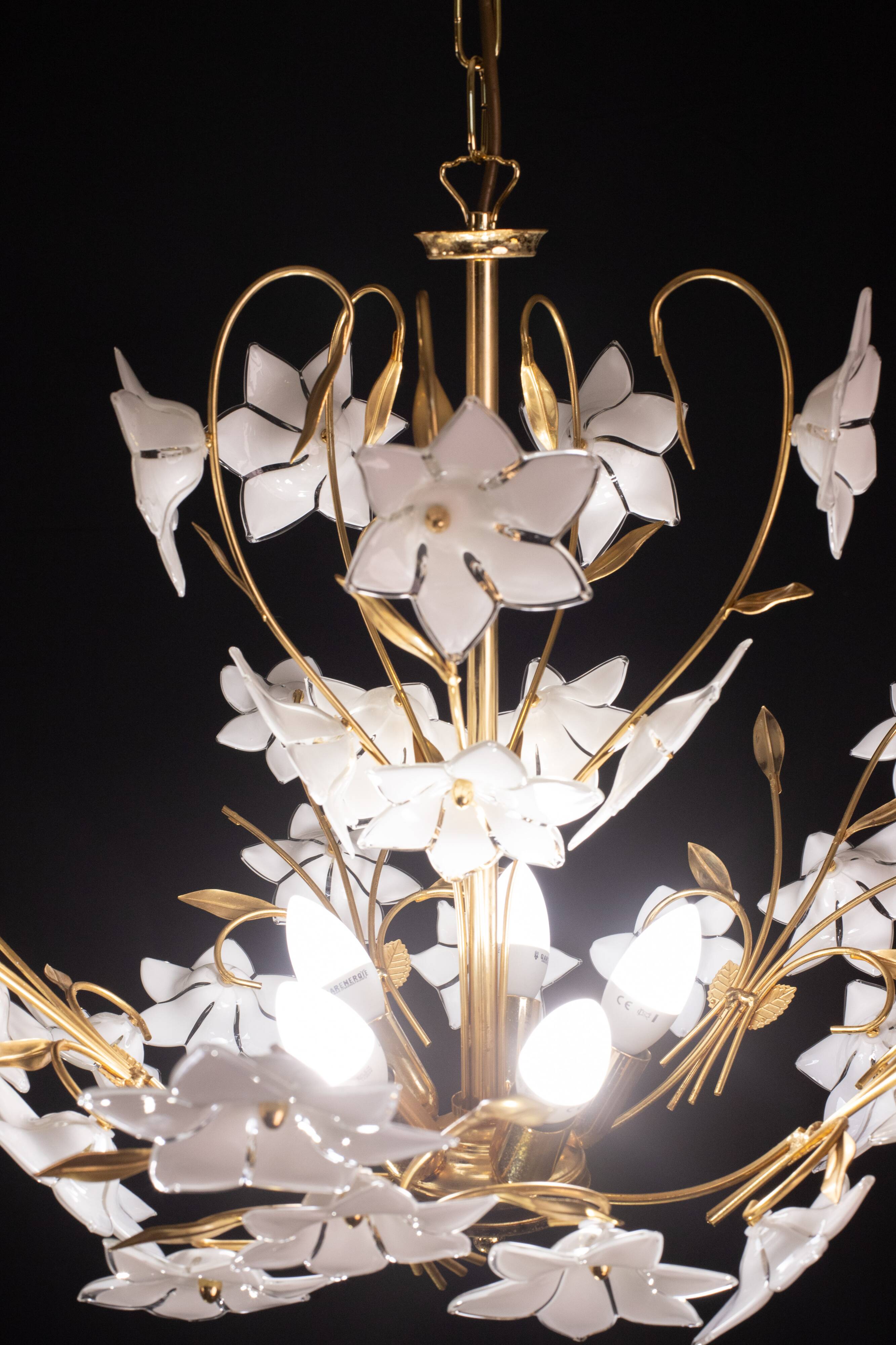 Vintage Murano Glass Chandelier White Flowers, 1970