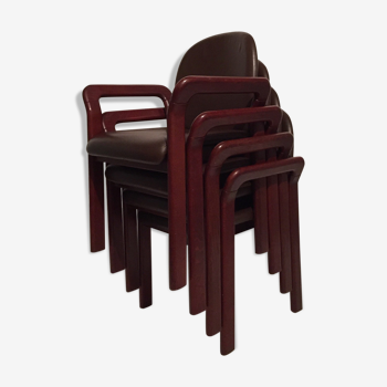 Set of 4 stackable armchairs in solid wood and leather, Casala, Germany, 1970s