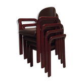 Set of 4 stackable armchairs in solid wood and leather, Casala, Germany, 1970s