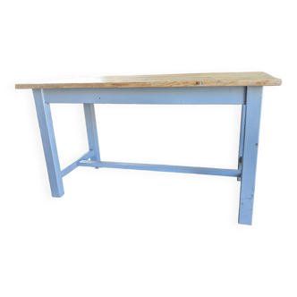 Table de ferme bleu ciel et bois clair début XXème 138 cm