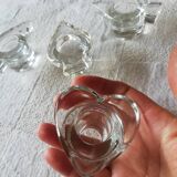 Set of four small transparent glass candle holders 3 spikes 1 heart