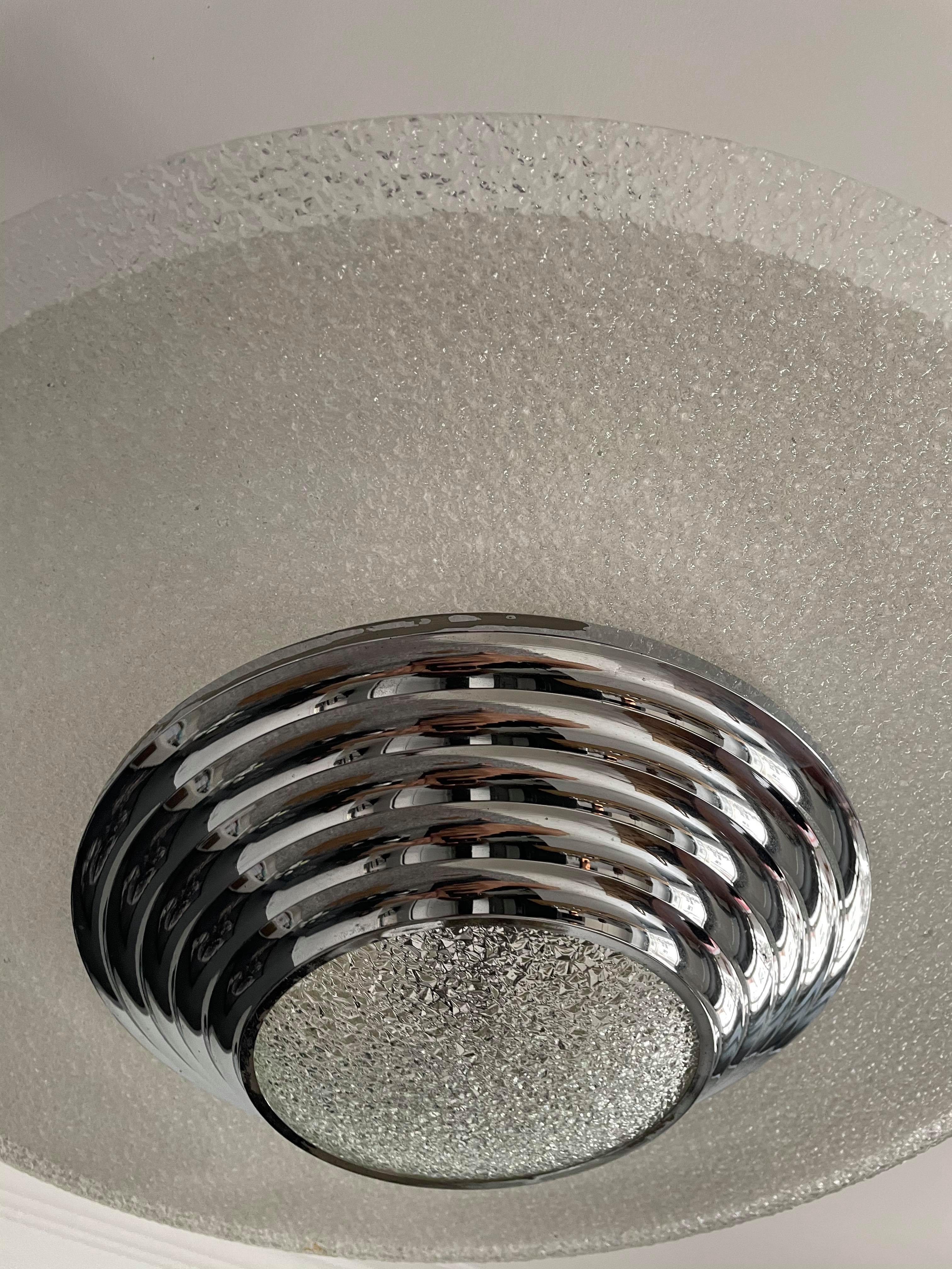 Modernist art deco pendant lamp, chrome brass and glass, France 1930 vintage