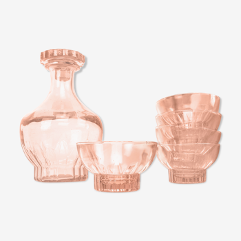 Port service in pink carafe glass and 5 art deco port cups