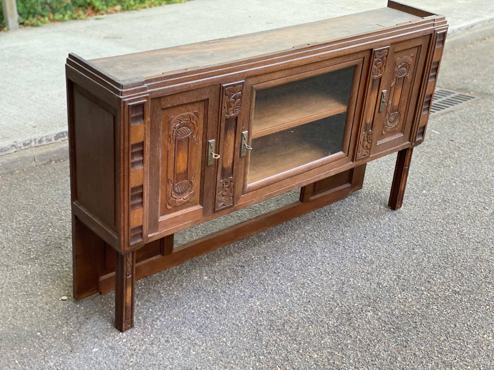 Haut de buffet art déco vitrine basse en bois massif et miroir 1920