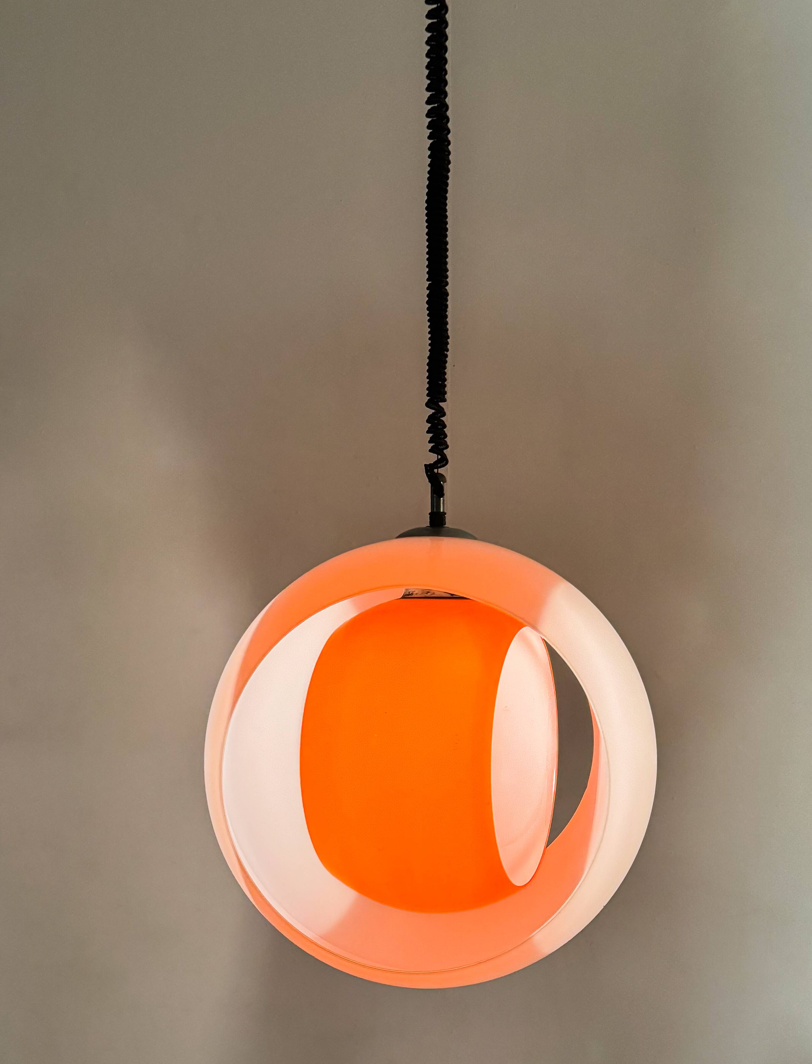 Mid-century Murano Glass White and Orange Suspension model "Eclisse" by Carlo Nason for Mazzega, Ita