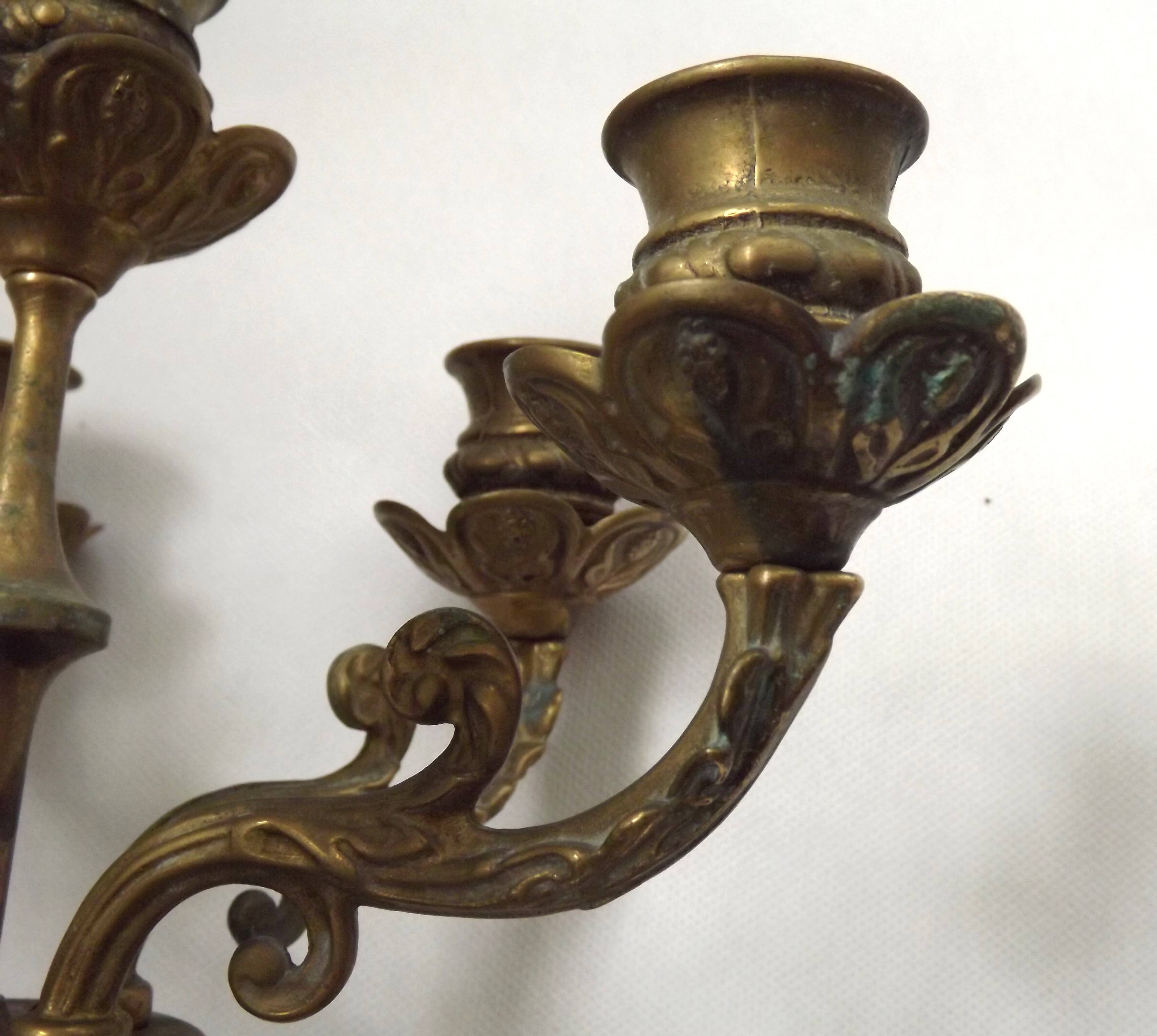 Pair Early 20th Century Rococo Revival Brass 5 Light Candle Wall Sconces