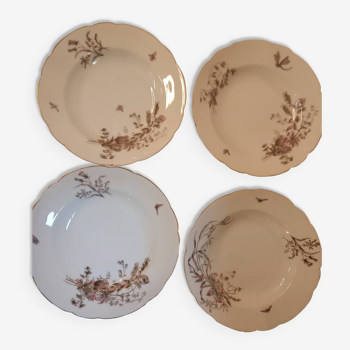 Set of 4 soup plates, decorated with flowers and butterflies, Limoges porcelain, vintage Haviland